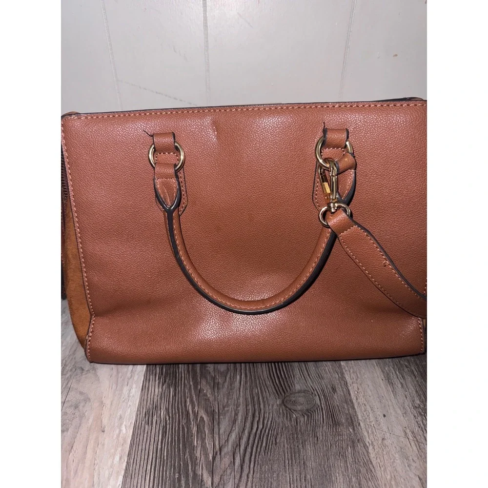 Nine West Cognac Brown Faux Leather Suede Trim Satchel Crossbody Handbag